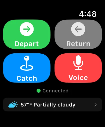 Apple Watch companion app with Depart, Return, Catch, and Voice buttons