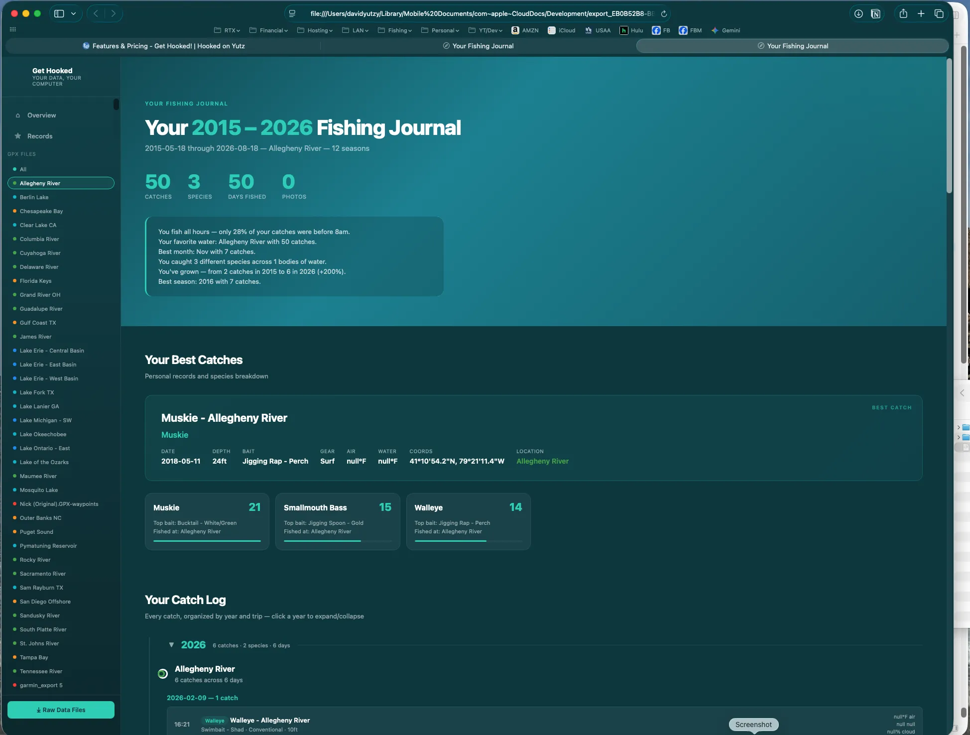 Get Hooked! HTML Archive export portal showing interactive map, fishing journal, species breakdown, and catch data