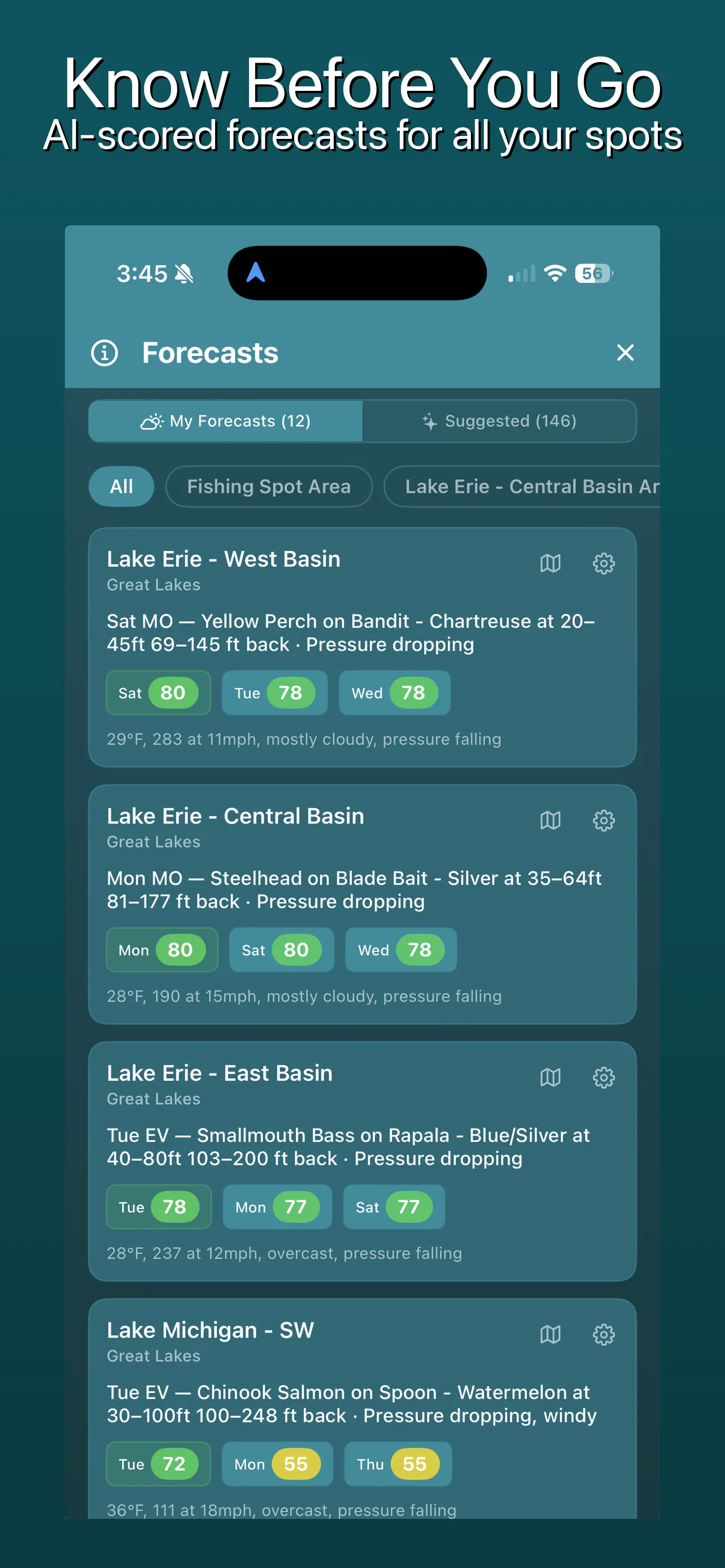 AI fishing forecasts with 0-100 scores