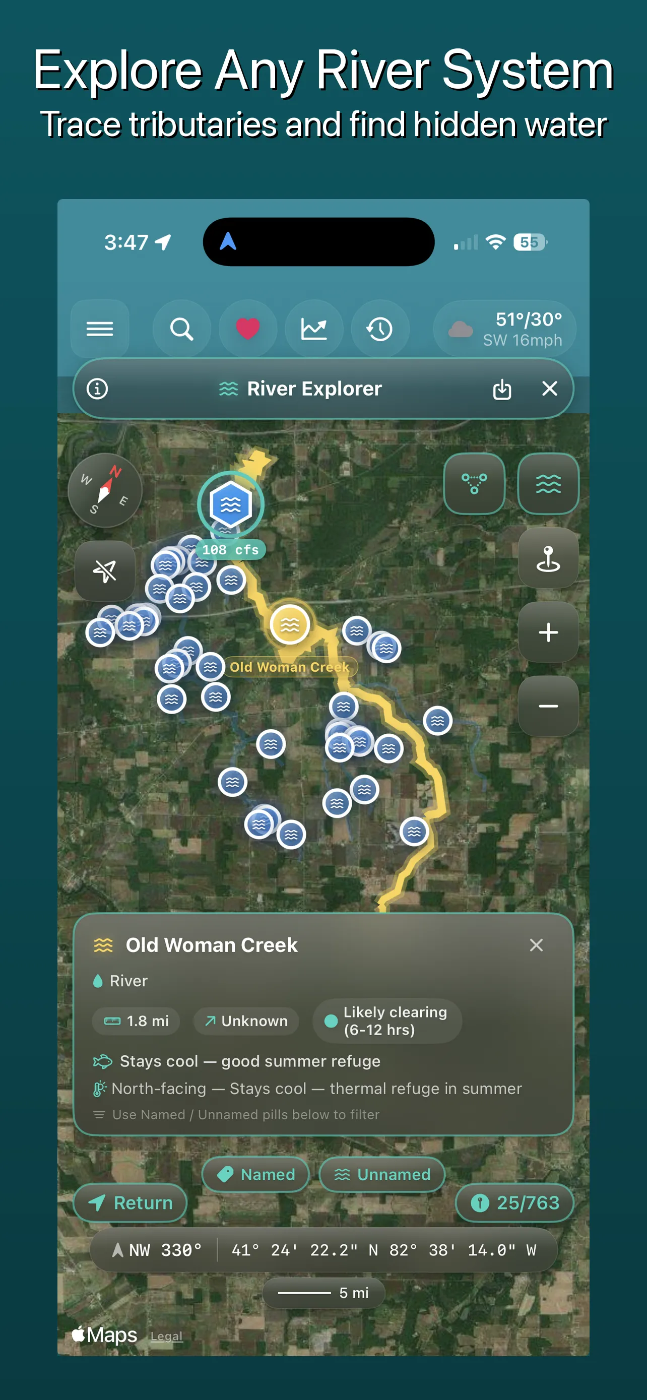 River Explorer showing upstream tributary network on map